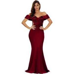 Women’s Off Shoulder Ruffled Maxi Gown Long Evening Prom Dress(Wine)
