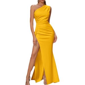 Womens One Shoulder Long Formal Dress Sleeveless High Slit Maxi Bodycon Dress Ruched Dresses for Wedding Gues(A-yellow)