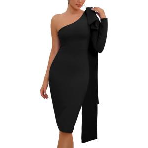 Women’s One Shoulder Long Sleeve Bandage Dress Tie Midi Bodycon Evening Party Celebration Dress(Black)