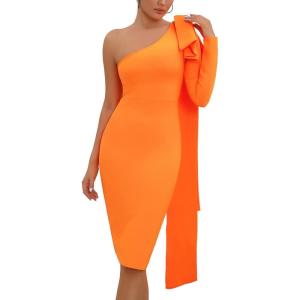 Women’s One Shoulder Long Sleeve Bandage Dress Tie Midi Bodycon Evening Party Celebration Dress(Orange)