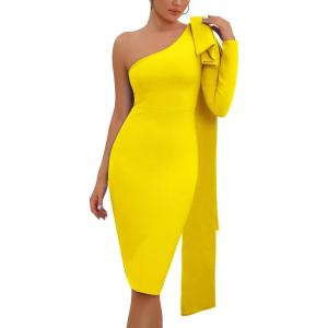 Women’s One Shoulder Long Sleeve Bandage Dress Tie Midi Bodycon Evening Party Celebration Dress(Yellow)