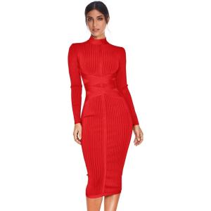 Women’s Rayon Long Sleeves Bandage Dress Cross Strap Ribbed Club Party Midi Bodycon Dresses(Red2)