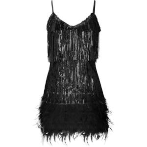Women’s Sequin Cocktail Dresses 1920s Flapper Dress Gatsby Fringe Mini Dresses Feather Prom Party Dress(A-black)