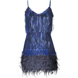 Women’s Sequin Cocktail Dresses 1920s Flapper Dress Gatsby Fringe Mini Dresses Feather Prom Party Dress(A-navy)