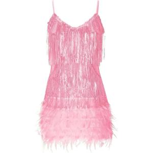 Women’s Sequin Cocktail Dresses 1920s Flapper Dress Gatsby Fringe Mini Dresses Feather Prom Party Dress(A-pink)