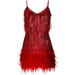 Women’s Sequin Cocktail Dresses 1920s Flapper Dress Gatsby Fringe Mini Dresses Feather Prom Party Dress(A-red)