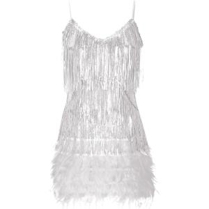 Women’s Sequin Cocktail Dresses 1920s Flapper Dress Gatsby Fringe Mini Dresses Feather Prom Party Dress(A-white)