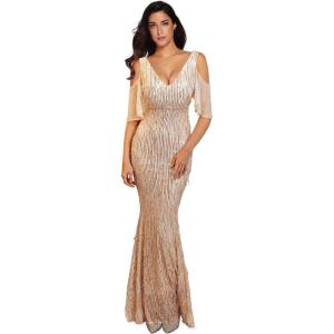 Women’s Sequin Fringe Rhinestone Cold Shoulder Maxi Gown Mermaid Bridesmaid Prom Dress(Beige)