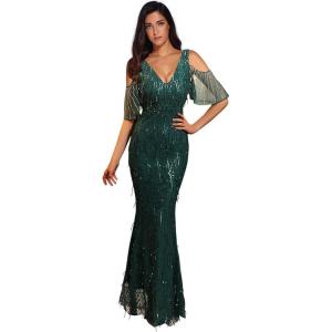 Women’s Sequin Fringe Rhinestone Cold Shoulder Maxi Gown Mermaid Bridesmaid Prom Dress(Green)