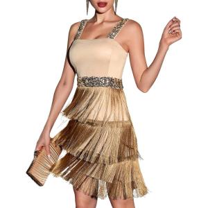 Women’s Shoulder Strap Cocktail Dresses Flapper Dresses 20s Gatsby Tassel Short Dresses Prom Party Dress(K-beige)