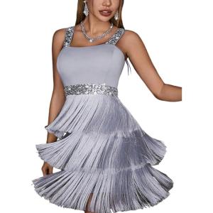 Women’s Shoulder Strap Cocktail Dresses Flapper Dresses 20s Gatsby Tassel Short Dresses Prom Party Dress(K-grey)