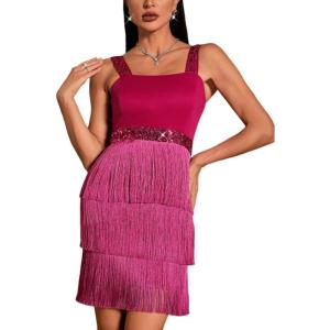 Women’s Shoulder Strap Cocktail Dresses Flapper Dresses 20s Gatsby Tassel Short Dresses Prom Party Dress(K-rose)