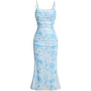 Women’s Sleeveless Midi Cocktail Party Dress Ruched Bodycon Mesh Wedding Guest Dress(A-blue)