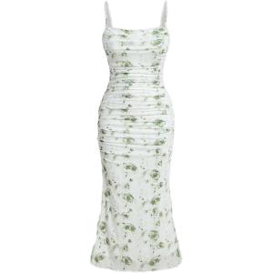 Women’s Sleeveless Midi Cocktail Party Dress Ruched Bodycon Mesh Wedding Guest Dress(A-green)
