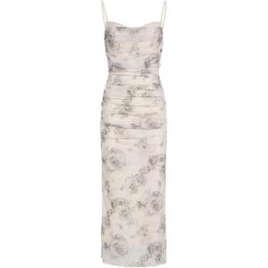 Women’s Sleeveless Midi Cocktail Party Dress Ruched Bodycon Mesh Wedding Guest Dress(A-grey)
