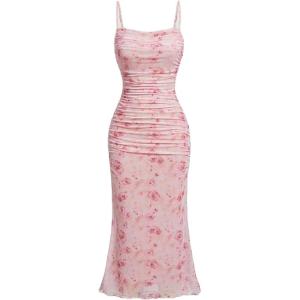 Women’s Sleeveless Midi Cocktail Party Dress Ruched Bodycon Mesh Wedding Guest Dress(A-pink)