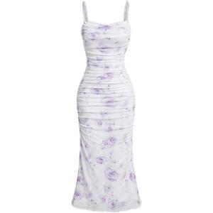 Women’s Sleeveless Midi Cocktail Party Dress Ruched Bodycon Mesh Wedding Guest Dress(A-purple)