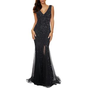 Women’s Sleeveless Sequins Dresses Mesh Mermaid Maxi Prome Party Dress Wedding Evening Dress(A-black)
