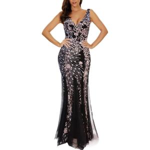 Women’s Sleeveless Sequins Dresses Mesh Mermaid Maxi Prome Party Dress Wedding Evening Dress(A-blackgold)