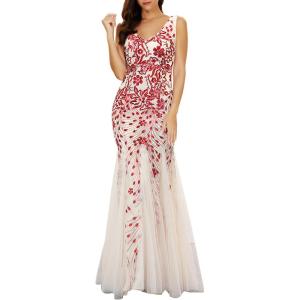 Women’s Sleeveless Sequins Dresses Mesh Mermaid Maxi Prome Party Dress Wedding Evening Dress(A-red)