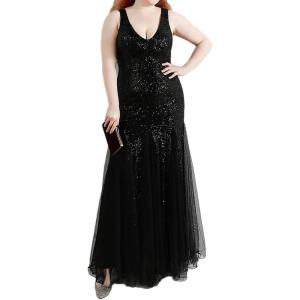 Women’s Sleeveless Sequins Dresses Mesh Mermaid Maxi Prome Party Dress Wedding Evening Dress(B-black)