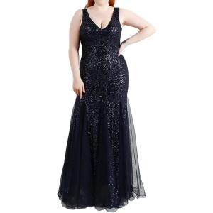 Women’s Sleeveless Sequins Dresses Mesh Mermaid Maxi Prome Party Dress Wedding Evening Dress(B-blue)