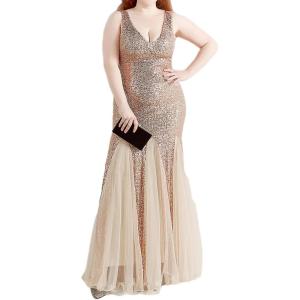 Women’s Sleeveless Sequins Dresses Mesh Mermaid Maxi Prome Party Dress Wedding Evening Dress(B-champagne)