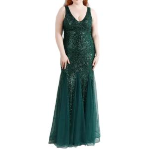 Women’s Sleeveless Sequins Dresses Mesh Mermaid Maxi Prome Party Dress Wedding Evening Dress(B-green)