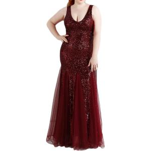 Women’s Sleeveless Sequins Dresses Mesh Mermaid Maxi Prome Party Dress Wedding Evening Dress(B-wine)