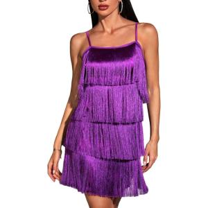 Women’s Spaghetti Strap Cocktail Dresses Flapper Dresses 20s Gatsby Tassel Short Dresses Prom Party Dress(B-purple)