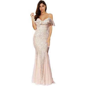 Women’s Straps Sequins Glitter Ruffled Mesh Maxi Gown Evening Long Prom Dress(Beige)