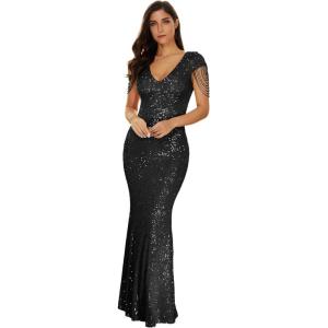 Women’s V Neck Sequin Formal Evening Dress Tassel Bead Sleeve Mermaid Long Gown 1920S Party Maxi Military Dress(A-black)