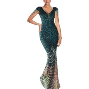 Women’s V Neck Sequin Formal Evening Dress Tassel Bead Sleeve Mermaid Long Gown 1920S Party Maxi Military Dress(C-green2)