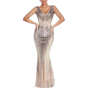 Women’s V Neck Sequin Formal Evening Dress Tassel Bead Sleeve Mermaid Long Gown 1920S Party Maxi Military Dress(Colorful Beige)