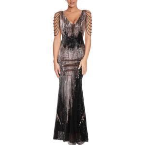 Women’s V Neck Sequin Formal Evening Dress Tassel Bead Sleeve Mermaid Long Gown 1920S Party Maxi Military Dress(Colorful Black)