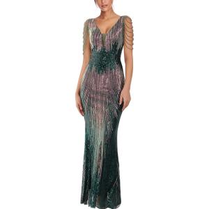 Women’s V Neck Sequin Formal Evening Dress Tassel Bead Sleeve Mermaid Long Gown 1920S Party Maxi Military Dress(Colorful Green)
