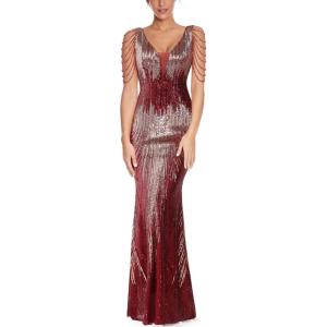 Women’s V Neck Sequin Formal Evening Dress Tassel Bead Sleeve Mermaid Long Gown 1920S Party Maxi Military Dress(Colorful Wine)