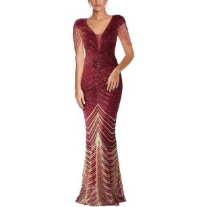 Women’s V Neck Sequin Formal Evening Dress Tassel Bead Sleeve Mermaid Long Gown 1920S Party Maxi Military Dress(C-wine2)