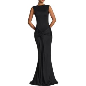 meilun Backless Round Neck Dress High-Waisted Sleeveless Sash-Tie Bodycon Dresses(Black)
