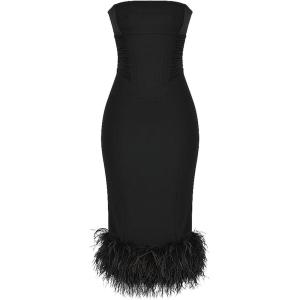 meilun Black Strapless Dress with Feather Trim Dress Cocktail Midi Dresses Wedding Guest Dress(Black)