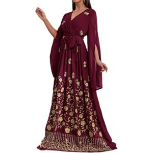 meilun Chiffon Embroidered Maxi Dress Long Sleeve V Neck Casual Dress Cocktail Party Dress(A-wine)