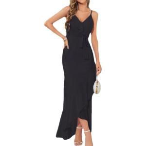 meilun Chiffon V-Neck Midi Dress Polka Dot Irregular Vacation Summer Wedding Bridesmaid Dress(A-black)