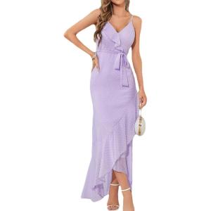 meilun Chiffon V-Neck Midi Dress Polka Dot Irregular Vacation Summer Wedding Bridesmaid Dress(A-purple)