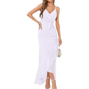 meilun Chiffon V-Neck Midi Dress Polka Dot Irregular Vacation Summer Wedding Bridesmaid Dress(A-white)