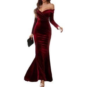 meilun Elegant Off Shoulder Long Sleeve Velvet Long Formal Evening Dress for Wedding Guest Bridemaid Dress(A-wine)