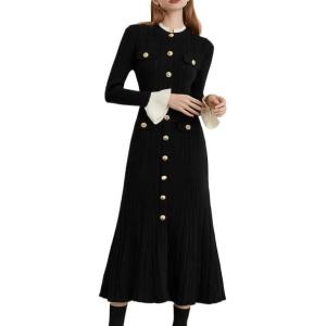 meilun High-Neck Maxi Dress with Long Sleeves, Fitted Waist and Single-Breasted Button-Front(Black)