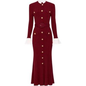 meilun High-Neck Maxi Dress with Long Sleeves, Fitted Waist and Single-Breasted Button-Front(Red)