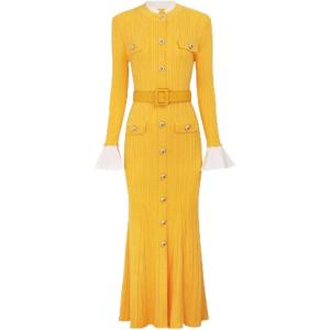 meilun High-Neck Maxi Dress with Long Sleeves, Fitted Waist and Single-Breasted Button-Front(Yellow)