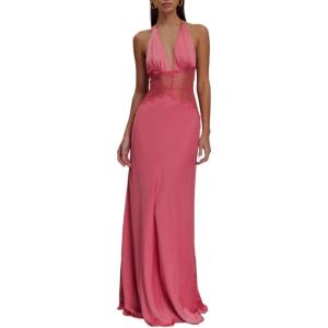meilun Lace and Satin Maxi Dress Deep V Patchwork Neck Waist Sexy Evening Gowns(Pink)