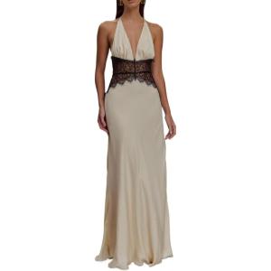 meilun Lace and Satin Maxi Dress Deep V Patchwork Neck Waist Sexy Evening Gowns(White)